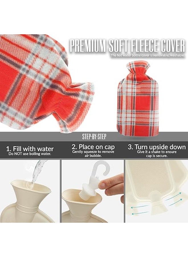 قربة ماء ساخن سعة 2 لتر مع غطاء صوف ناعم بنقشة كاروهات - مطاط طبيعي ممتاز لتوفير الدفء والراحة - لون أحمر ورمادي - Image 3